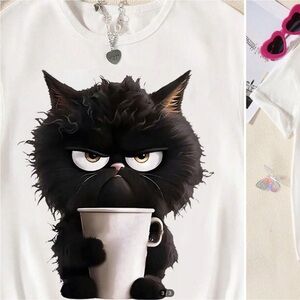 NWT SHEIN Black Cat Graphic White TEE SHIRT 14Y (plus size)